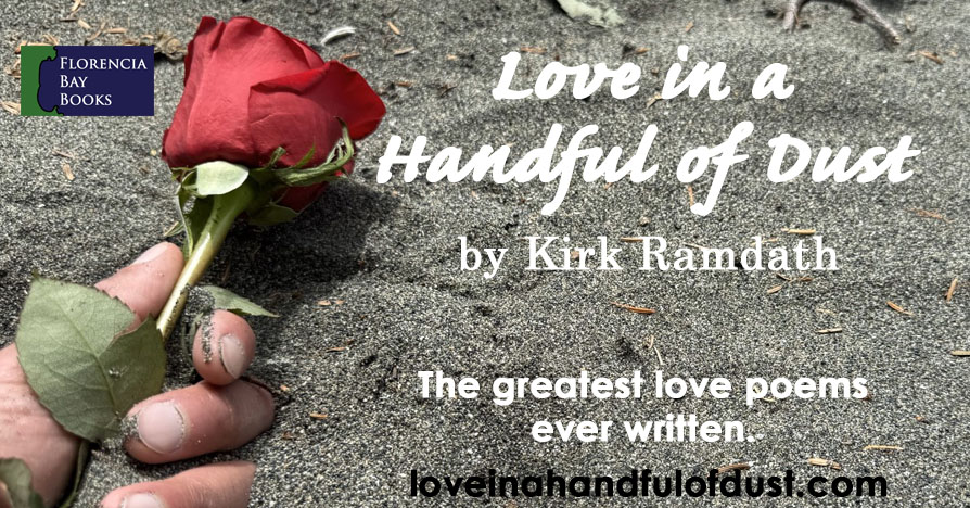 Title image shows a hand holding a red rose, half buried in sand at a beach.
	Cover for the book, Love in a Handful of Dust, by Kirk Ramdath.